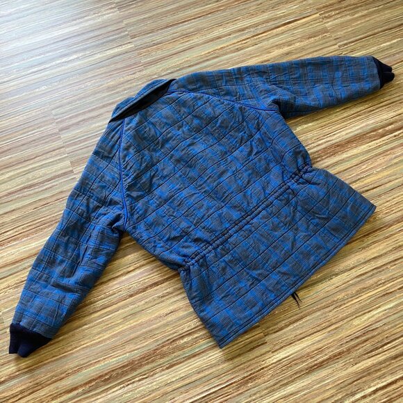 Vintage Blue Plaid Quilted Chore Coat Jacket with Drawstring Waist & Pockets - Picture 4 of 5